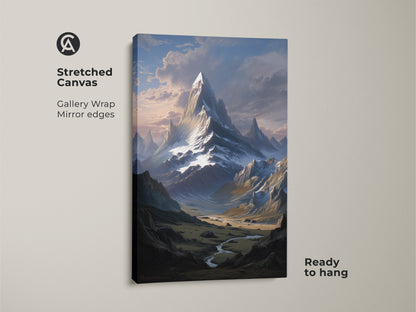 A stretched canvas gallery wrap presents a realistic landscape print of a snowy mountain. This river valley wall art is ready to hang. It offers a scenic nature artwork for bedroom decor.