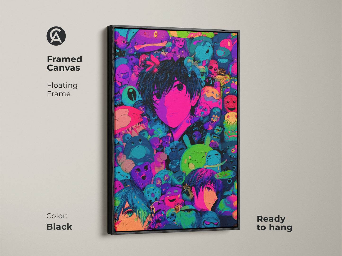 A framed canvas with a black floating frame showcasing anime art. The artwork features a central character surrounded by colorful creatures. Ready to hang this piece will add a modern art to your living space. The art is visually appealing.