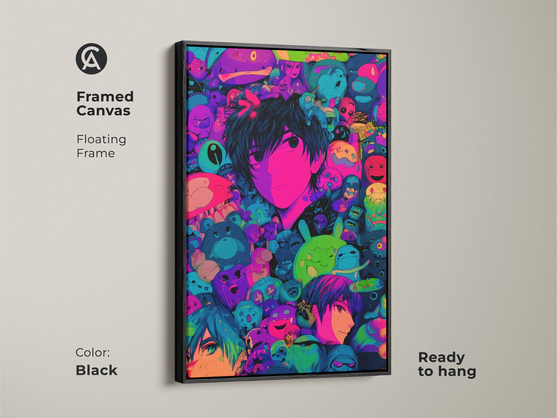 A framed canvas with a black floating frame showcasing anime art. The artwork features a central character surrounded by colorful creatures. Ready to hang this piece will add a modern art to your living space. The art is visually appealing.
