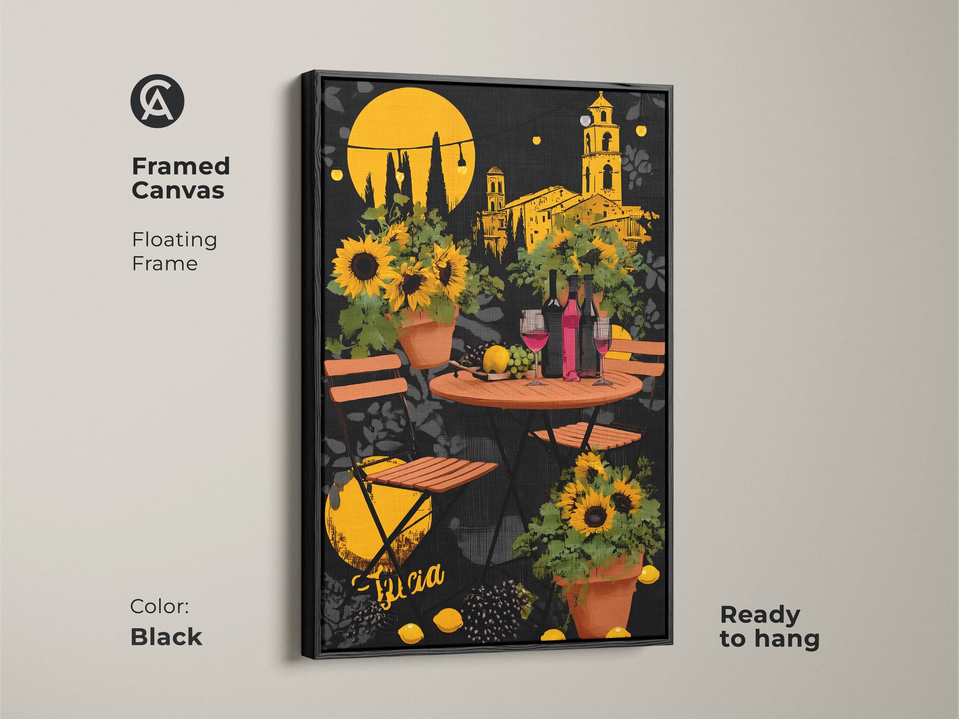 Framed canvas features a floating black frame enhancing the Italian cafe artwork. The sunflowers wine bottles and eclectic style create a cozy atmosphere. This folk art is a perfect housewarming gift wine art for your kitchen ready to hang.