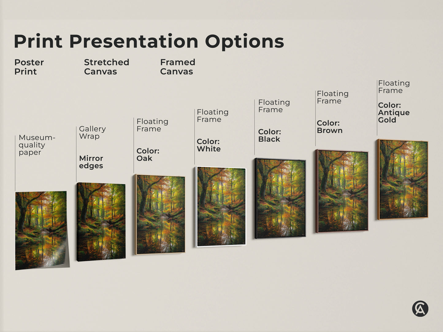 Explore print presentation options for our forest stream artwork. Choose from poster prints stretched canvas and framed canvas. Select a floating frame in colors like oak white black brown or antique gold. Find the perfect style to complement your home decor. Discover museum-quality wall art today.