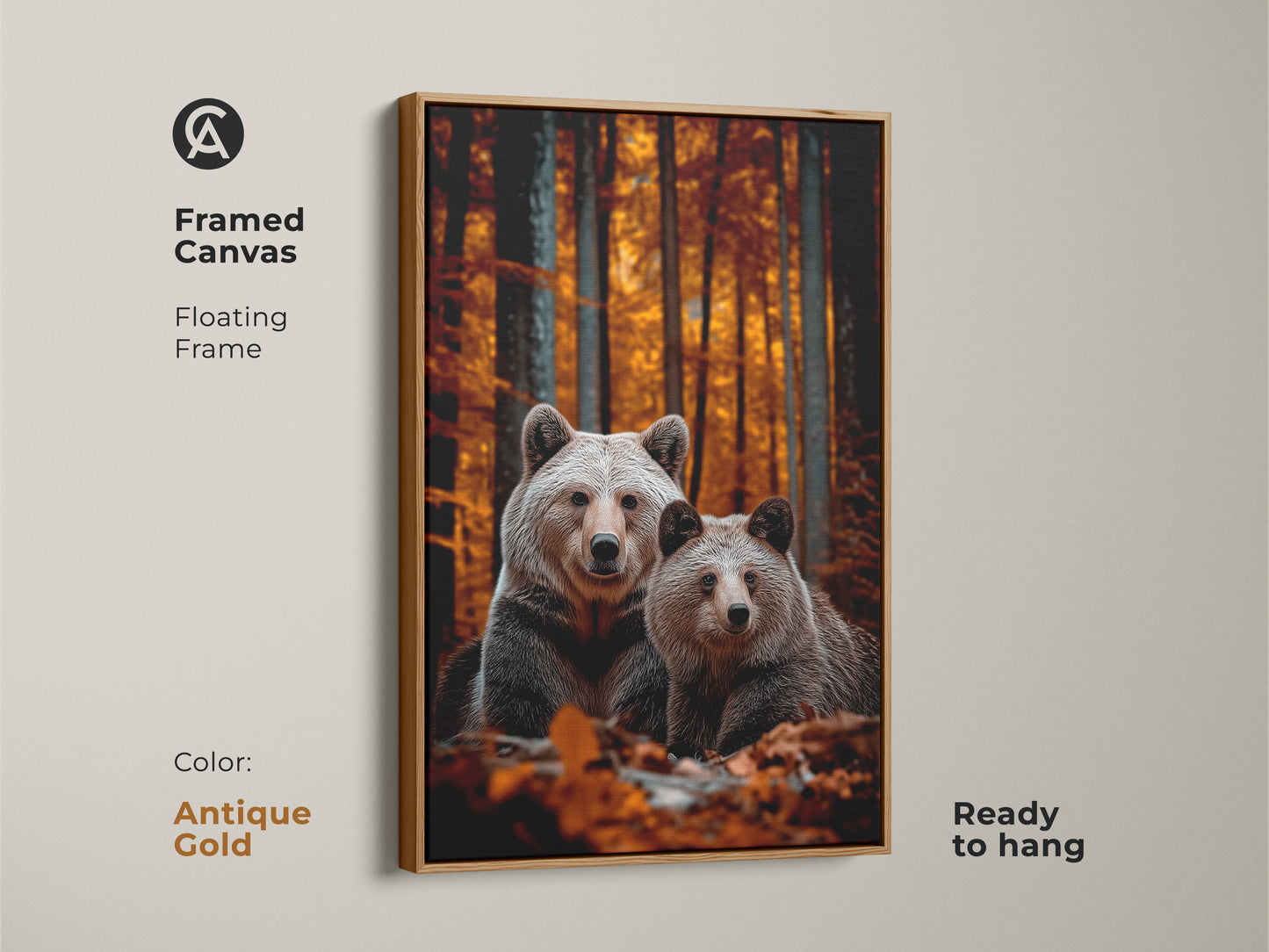 Antique Gold framed canvas of realistic bear family art. Floating frame is ready to hang. Rustic wildlife home decor with warm tones. A nature animal art piece for your bedroom. Bring the autumn forest indoors. Perfect as a housewarming gift or a treat for nature enthusiasts. The color is Antique Gold