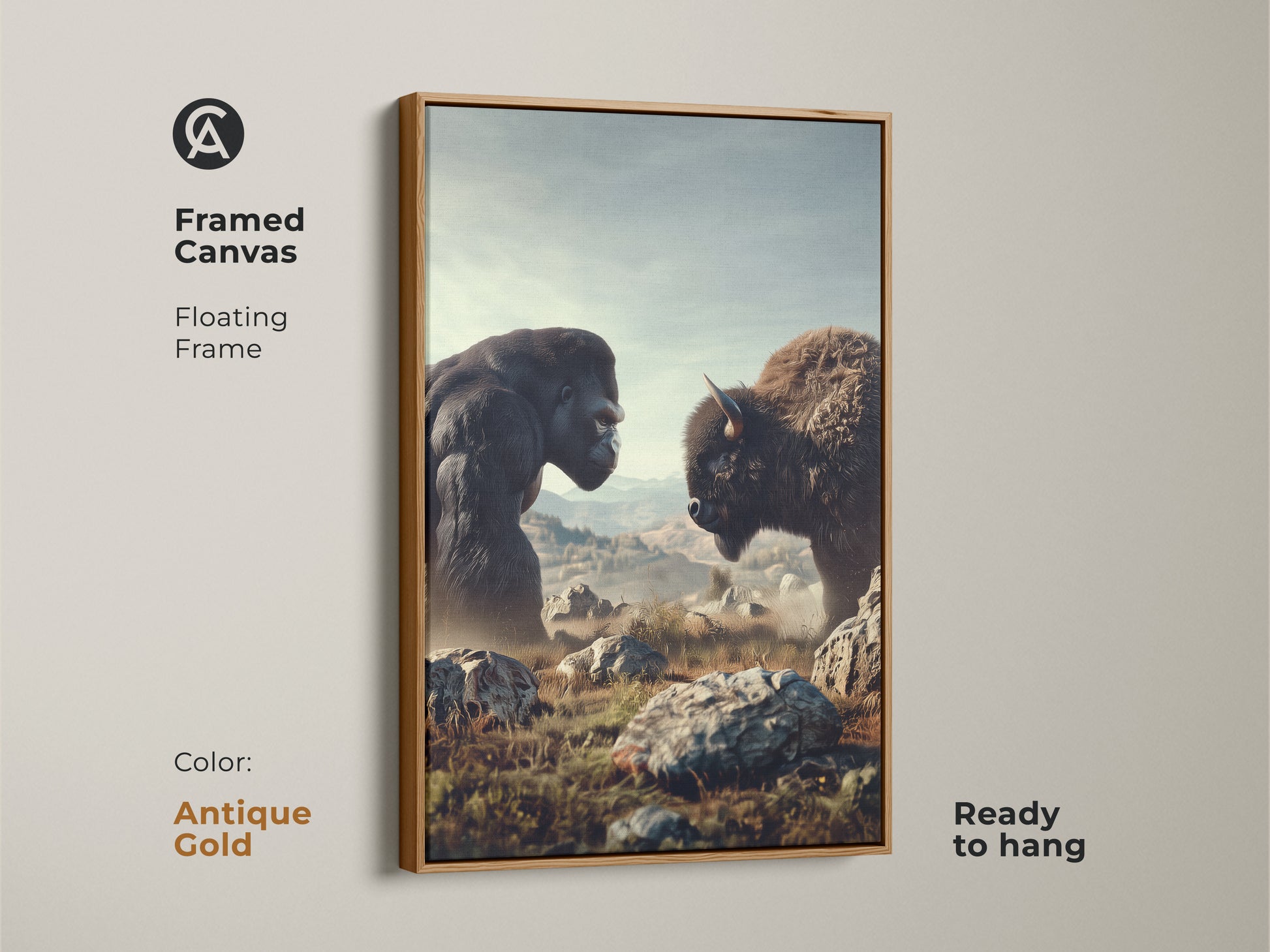 Framed canvas featuring a Gorilla and Bison wilderness landscape. The floating frame is antique gold. This wildlife artwork has rustic earth tones. Ready to hang animal art brings the outdoors in.