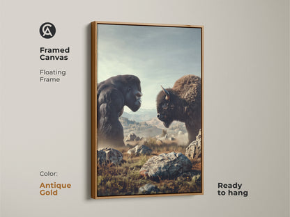 Framed canvas featuring a Gorilla and Bison wilderness landscape. The floating frame is antique gold. This wildlife artwork has rustic earth tones. Ready to hang animal art brings the outdoors in.
