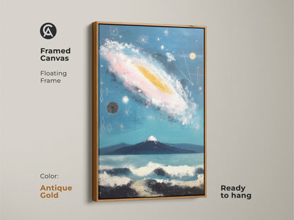 Framed canvas print showing a floating frame in white. It is ready to hang. The piece shows an abstract galaxy with mountain landscape art. The color is deep blue teal. It's ideal for eclectic home decor.