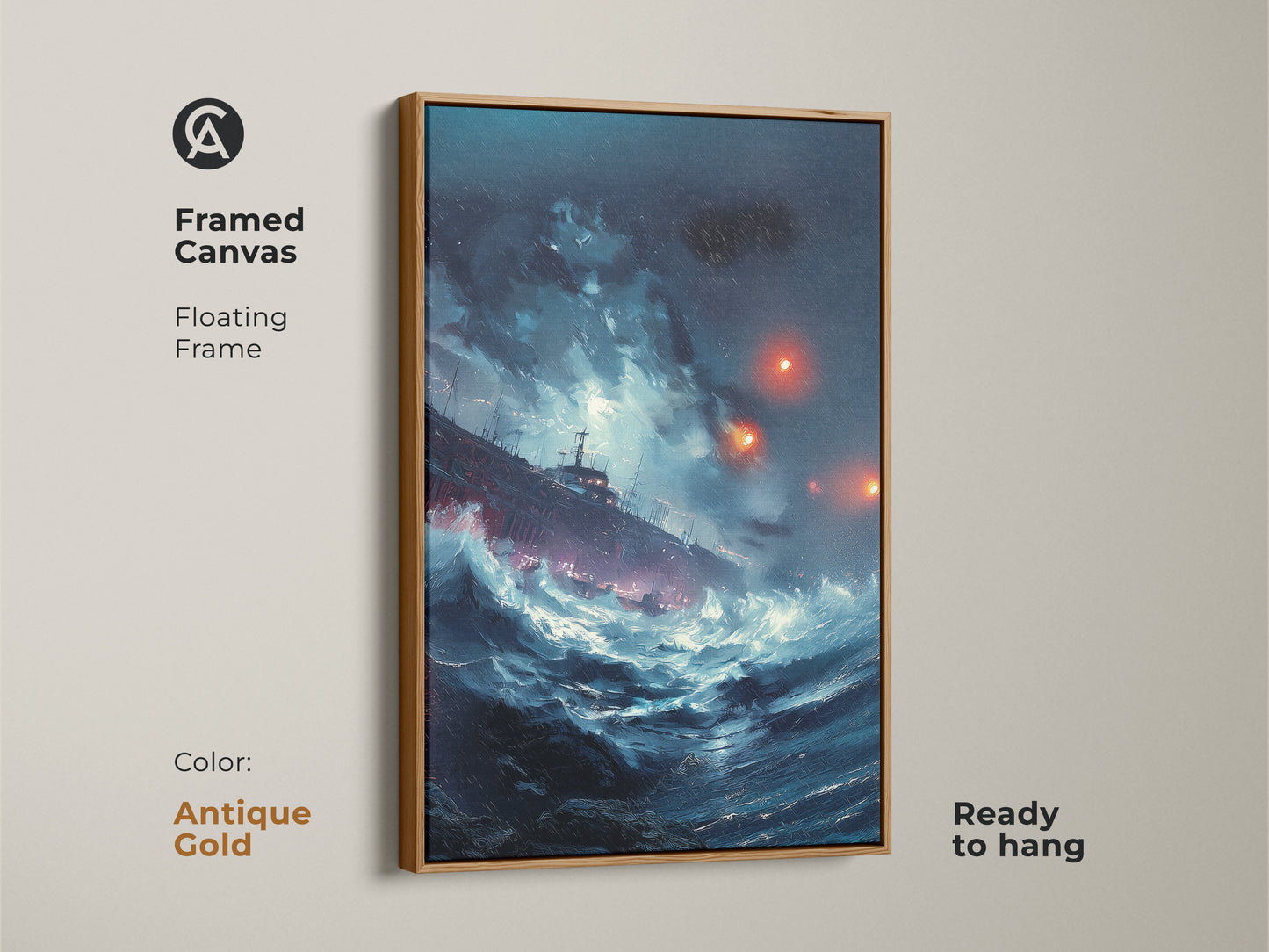 Framed canvas with a floating frame in antique gold. Nautical art of a ship battling a stormy sea. Deep blue and teal ocean waves artwork. Maritime themed art ready to hang.