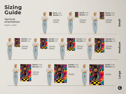 A sizing guide showcases the vertical orientation and height vs width options for this art. Featuring the Love Tunnel Art Print Psychedelic Surrealism Canvas Wall Decor. Sizes range from small to large. Visualizing the ideal fit for any space.