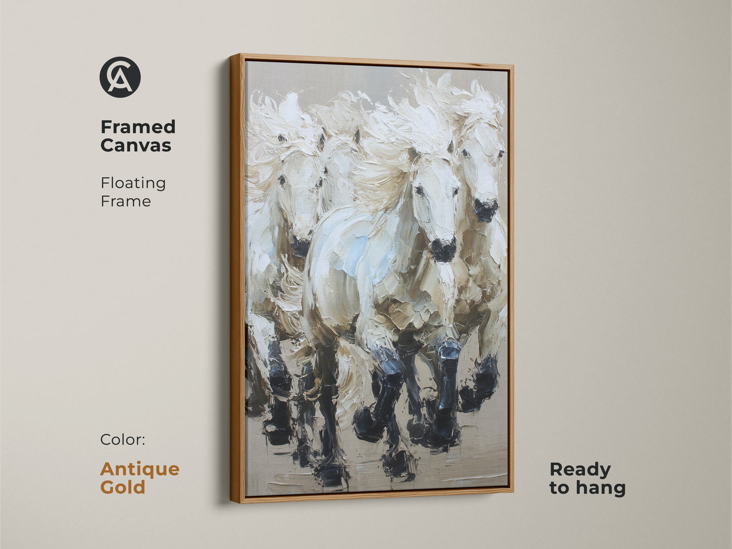 Framed Galloping White Horses Canvas with an antique gold floating frame. This horse herd wall hanging brings movement and grace to your home. This contemporary artwork is ready to hang. A perfect piece for horse lovers.