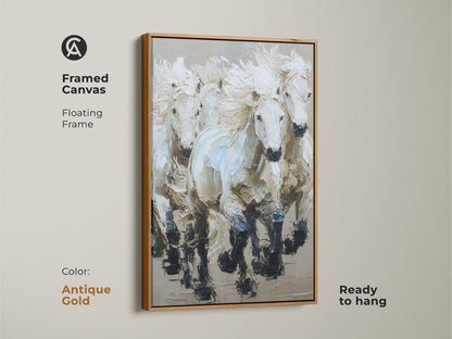 Framed Galloping White Horses Canvas with an antique gold floating frame. This horse herd wall hanging brings movement and grace to your home. This contemporary artwork is ready to hang. A perfect piece for horse lovers.