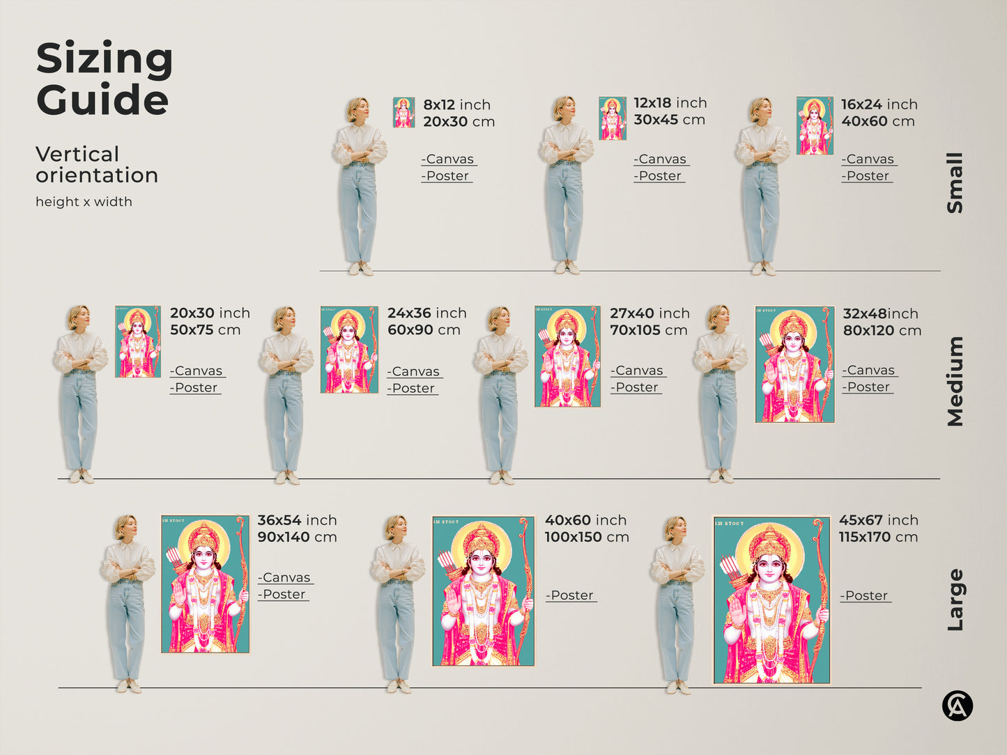 Sizing guide for Lord Rama canvas and poster prints. Visualize artwork dimensions in inches and cm. Sizes range from small to large. Find the perfect fit for your space.