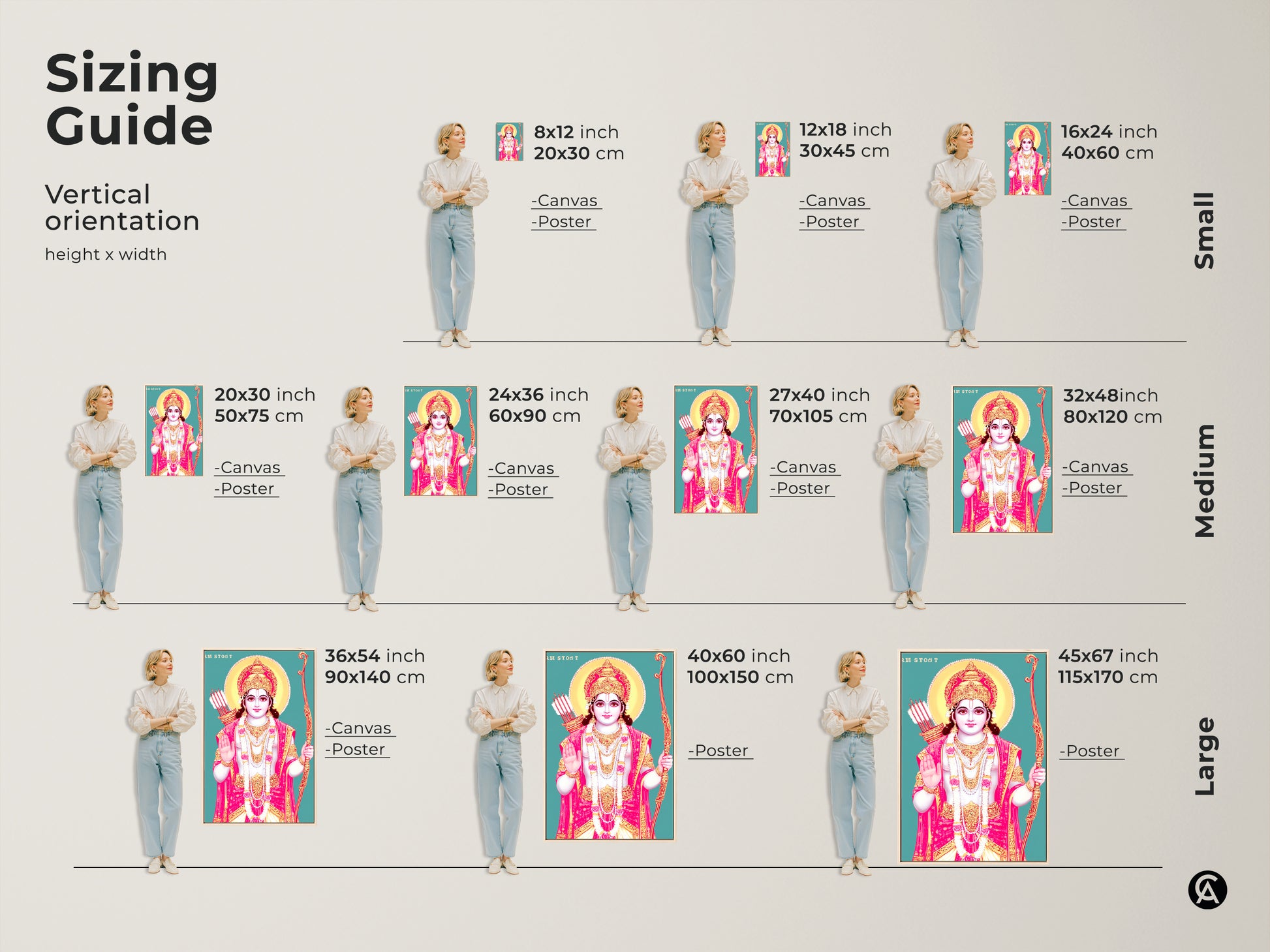 Sizing guide for Lord Rama canvas and poster prints. Visualize artwork dimensions in inches and cm. Sizes range from small to large. Find the perfect fit for your space.