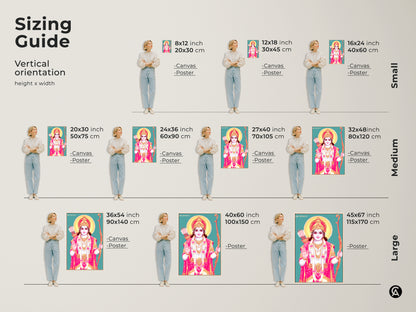 Sizing guide for Lord Rama canvas and poster prints. Visualize artwork dimensions in inches and cm. Sizes range from small to large. Find the perfect fit for your space.
