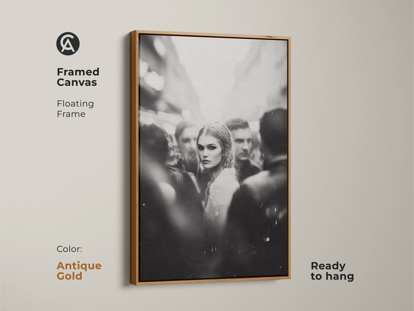 Elevate your space with framed black and white artwork. This monochrome street photography features a woman's portrait. The antique gold floating frame adds a touch of elegance. Ready to hang in your bedroom or living room. Perfect for contemporary aesthetic home decor. The gold frame enhances the urban fine art print.