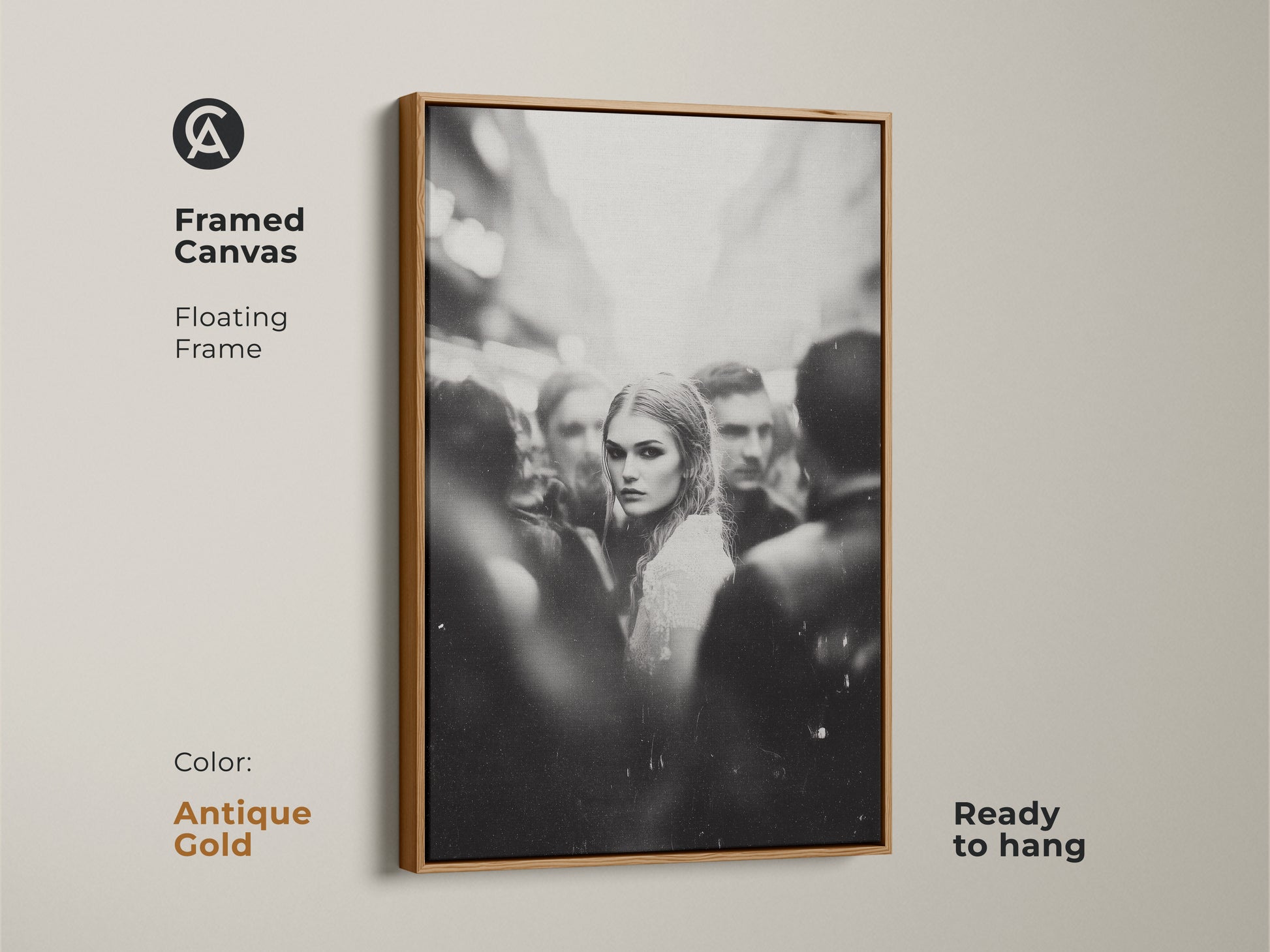 Elevate your space with framed black and white artwork. This monochrome street photography features a woman's portrait. The antique gold floating frame adds a touch of elegance. Ready to hang in your bedroom or living room. Perfect for contemporary aesthetic home decor. The gold frame enhances the urban fine art print.