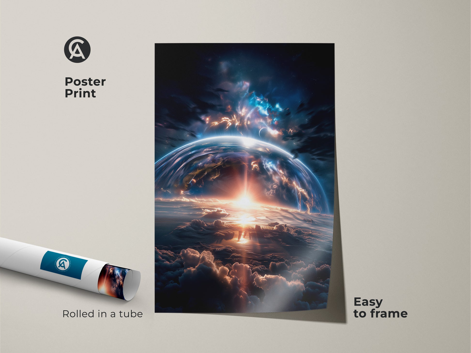 Poster print of an earthrise scene rolled in a tube. This space artwork is easy to frame. The bright sunlight creates a dramatic effect. A great choice for home or office decor. Bring the cosmos into your space with this captivating print.