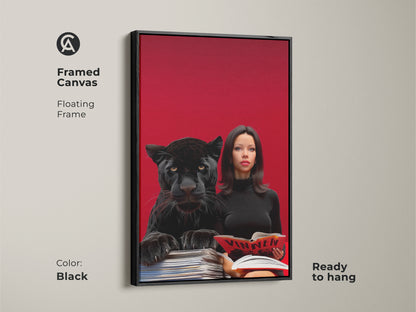 Framed canvas featuring a surreal art print. A woman reading with a black panther in a crimson pop art style. The floating frame in black enhances this unique eclectic office or home wall decor.