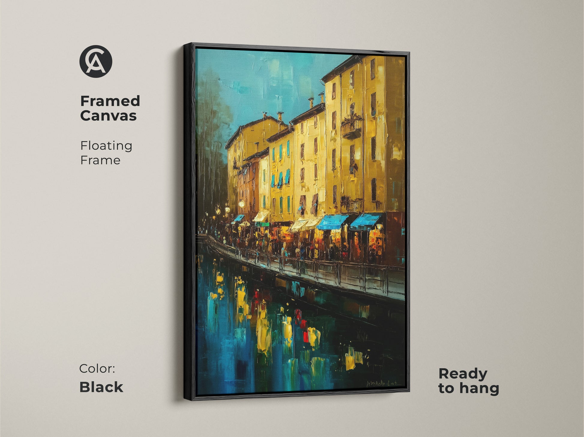Framed Canvas with a floating black frame. The artwork is ready to hang. The Italian canal scene features buildings in yellow ochre and deep blue. This impressionistic waterfront painting adds sophistication to your home decor.