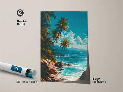 Poster print featuring a beautiful beach scene. The artwork depicts palm trees and ocean waves. Rolled in a tube for easy framing this museum-quality paper print captures the essence of a tropical paradise. Enhance your space with this stunning poster art.