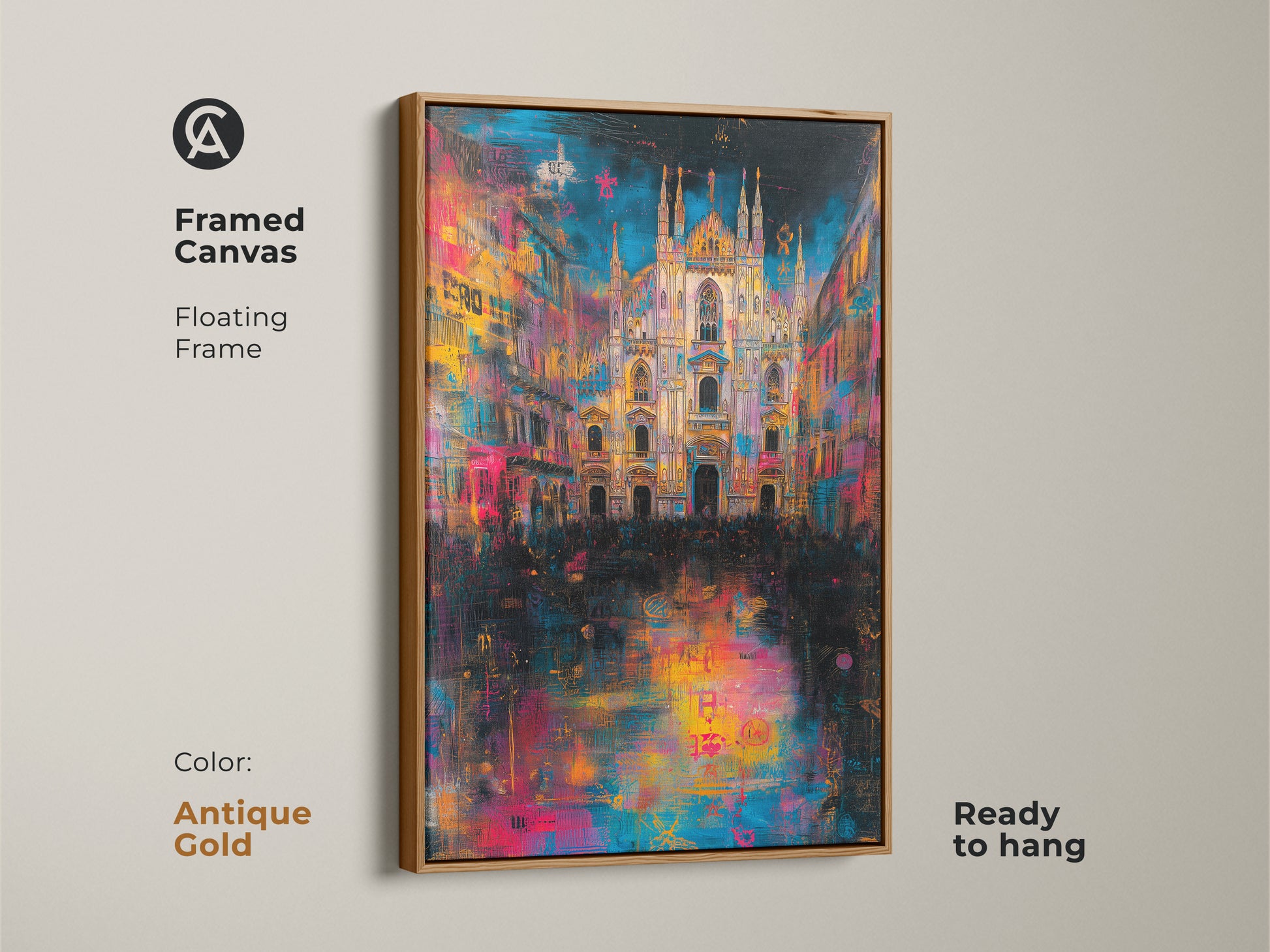 Milan Cathedral artwork framed with an antique gold floating frame. The framed canvas art adds elegance to any room. The canvas is ready to hang. The artwork is a great addition to your wall decor.