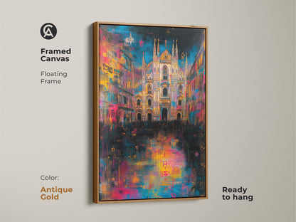 Milan Cathedral artwork framed with an antique gold floating frame. The framed canvas art adds elegance to any room. The canvas is ready to hang. The artwork is a great addition to your wall decor.