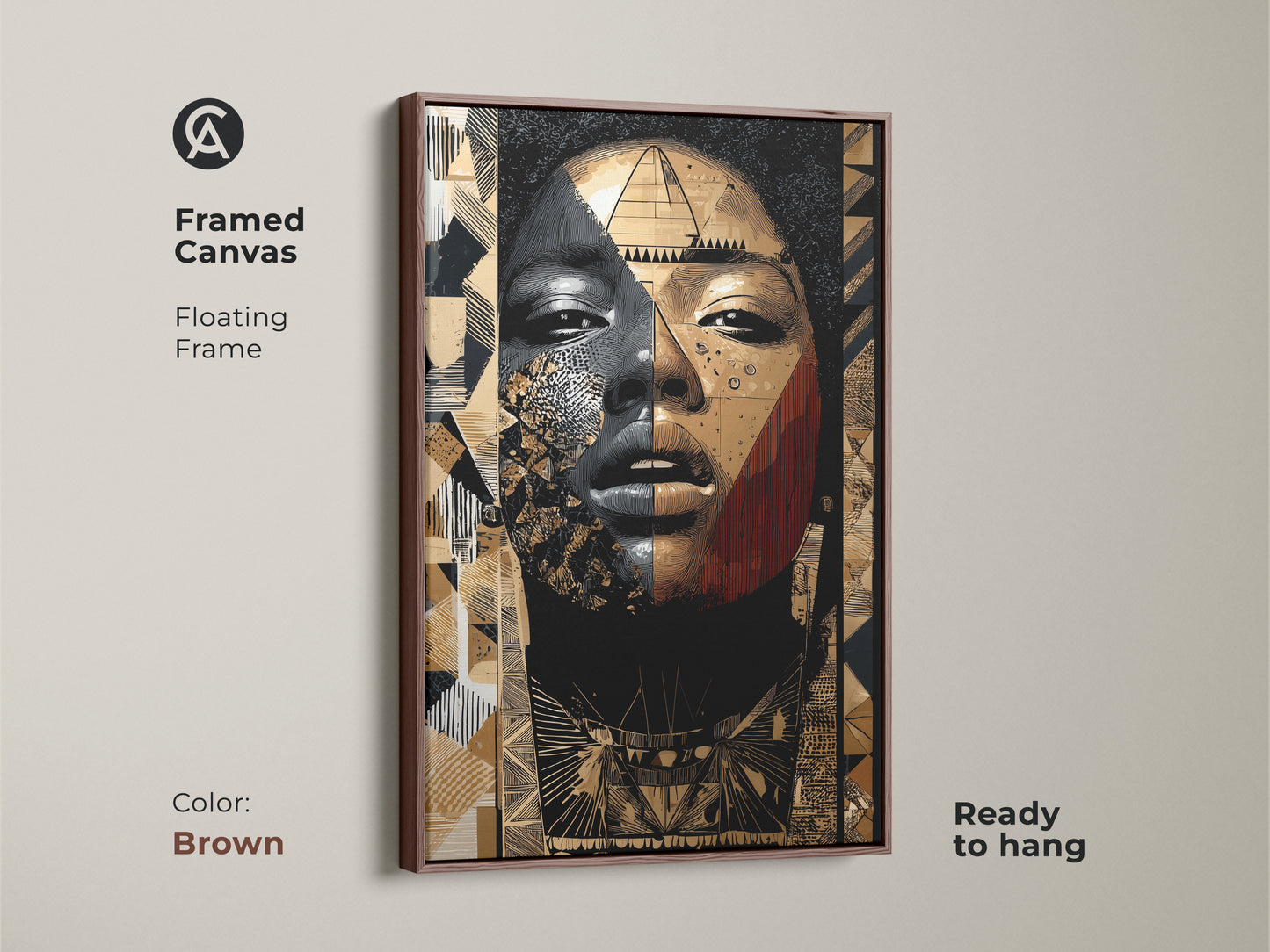 Framed canvas in a brown floating frame. Showcasing an abstract woman portrait art print. This eclectic tribal canvas print is ready to hang. Ideal for unique home decor art.