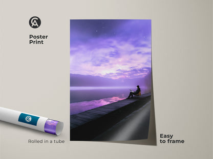 Poster print of a dreamy dock scene. It shows a person working on laptop art under a starry night sky. This violet skyscape wall art is easy to frame. Perfect for adding a touch of fantasy to your study room or as a unique remote worker gift. Rolled in a tube.
