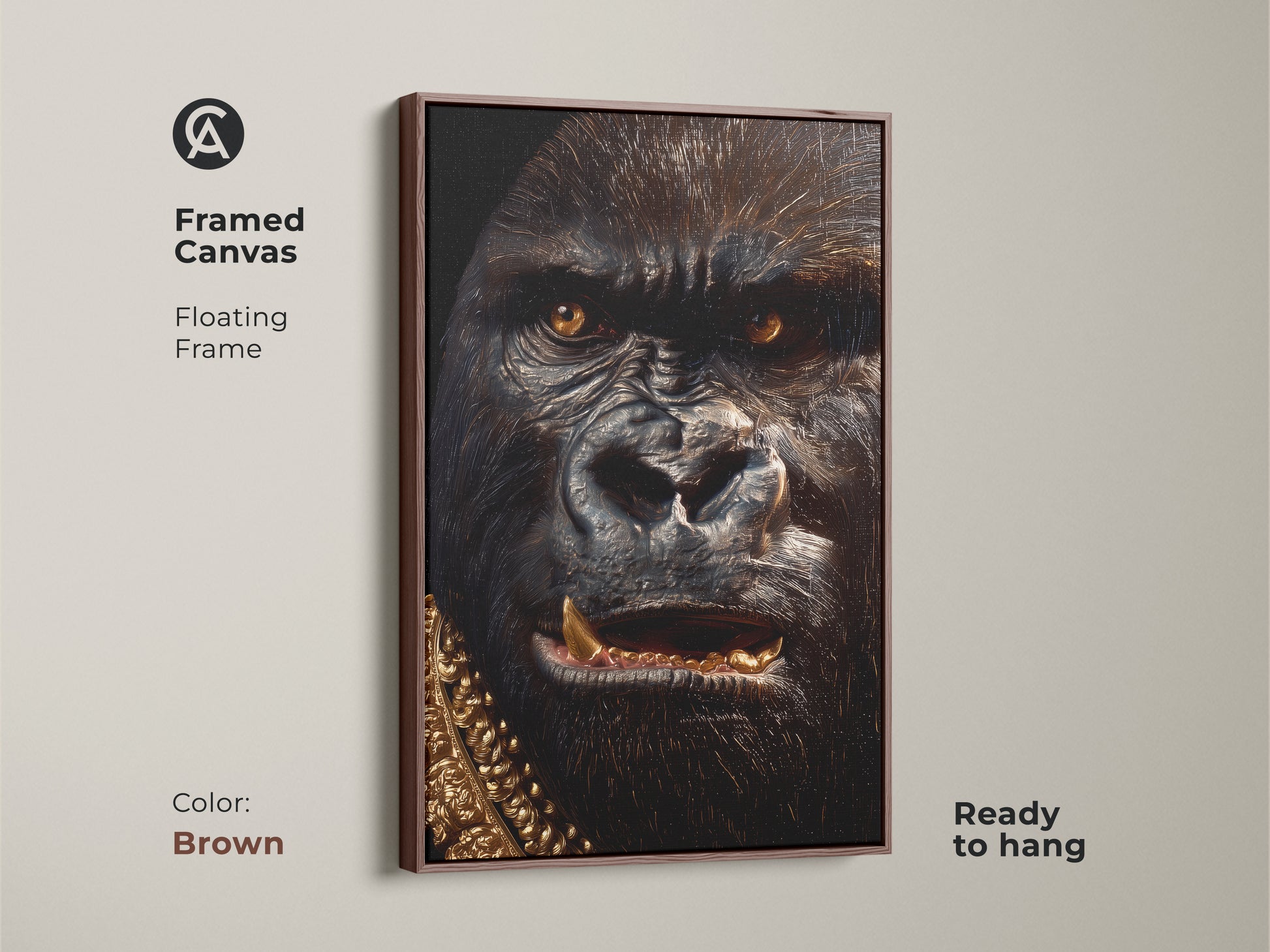 Framed canvas of a gorilla with a gold chain. The frame is brown and floating. This artwork is ready to hang. Buy framed animal art in brown frames for your home.