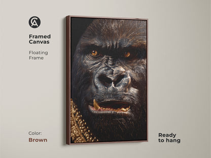 Framed canvas of a gorilla with a gold chain. The frame is brown and floating. This artwork is ready to hang. Buy framed animal art in brown frames for your home.