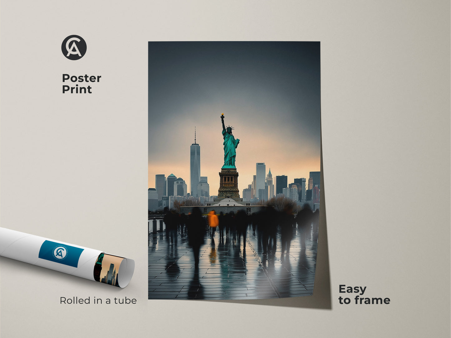 Poster print of the NYC skyline with the Statue of Liberty. This museum-quality paper print is easy to frame. The urban landscape canvas features a contemporary cityscape decor. The teal and gray art print is great art for urban dwellers. It arrives rolled in a tube.