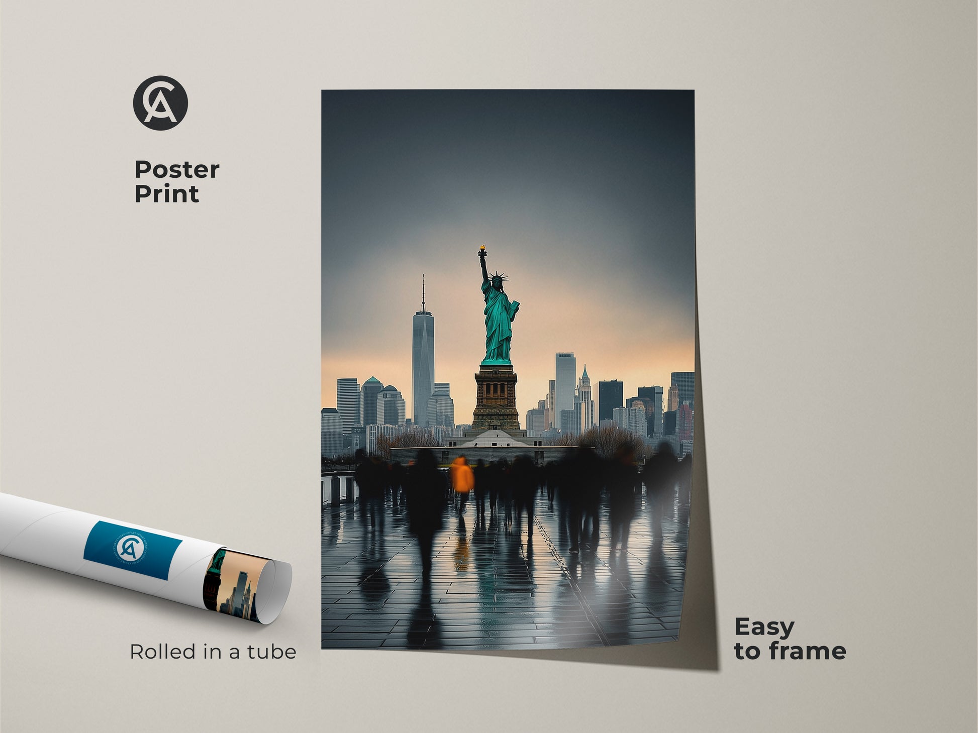 Poster print of the NYC skyline with the Statue of Liberty. This museum-quality paper print is easy to frame. The urban landscape canvas features a contemporary cityscape decor. The teal and gray art print is great art for urban dwellers. It arrives rolled in a tube.