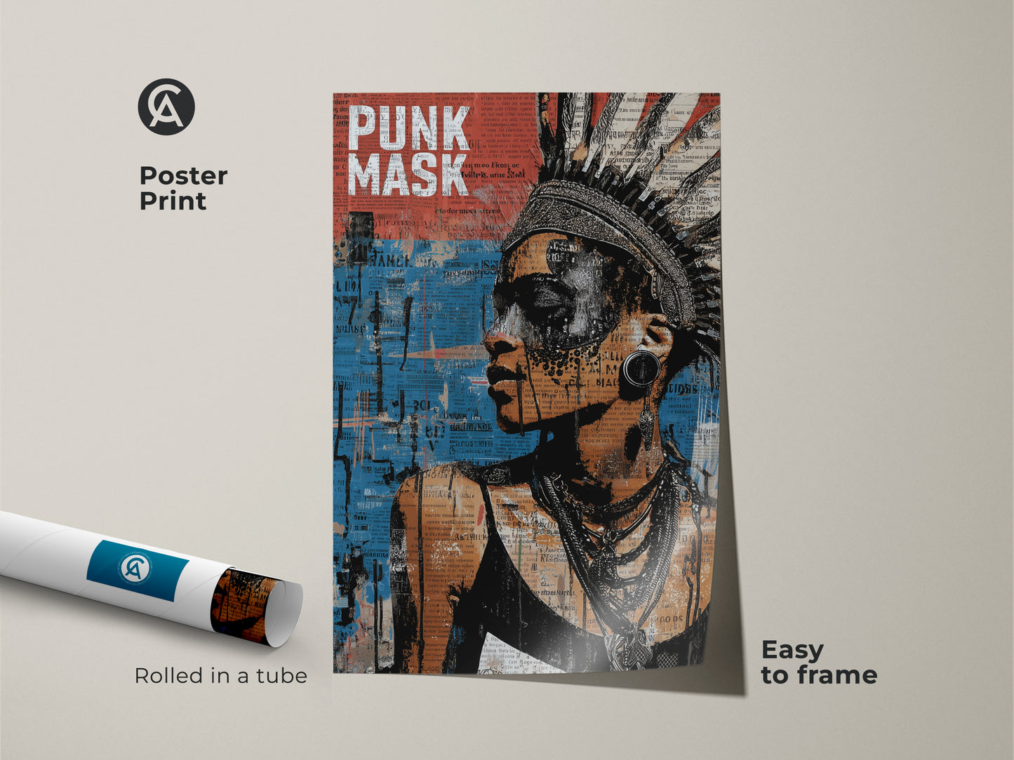 Poster print of a woman with a punk mask and headdress. This mixed media artwork is rolled in a tube and easy to frame. The urban portrait canvas features collage art decor in black orange and blue. This typography wall decor makes a unique gift for him.