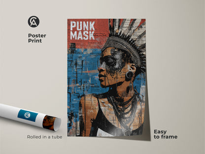 Poster print of a woman with a punk mask and headdress. This mixed media artwork is rolled in a tube and easy to frame. The urban portrait canvas features collage art decor in black orange and blue. This typography wall decor makes a unique gift for him.