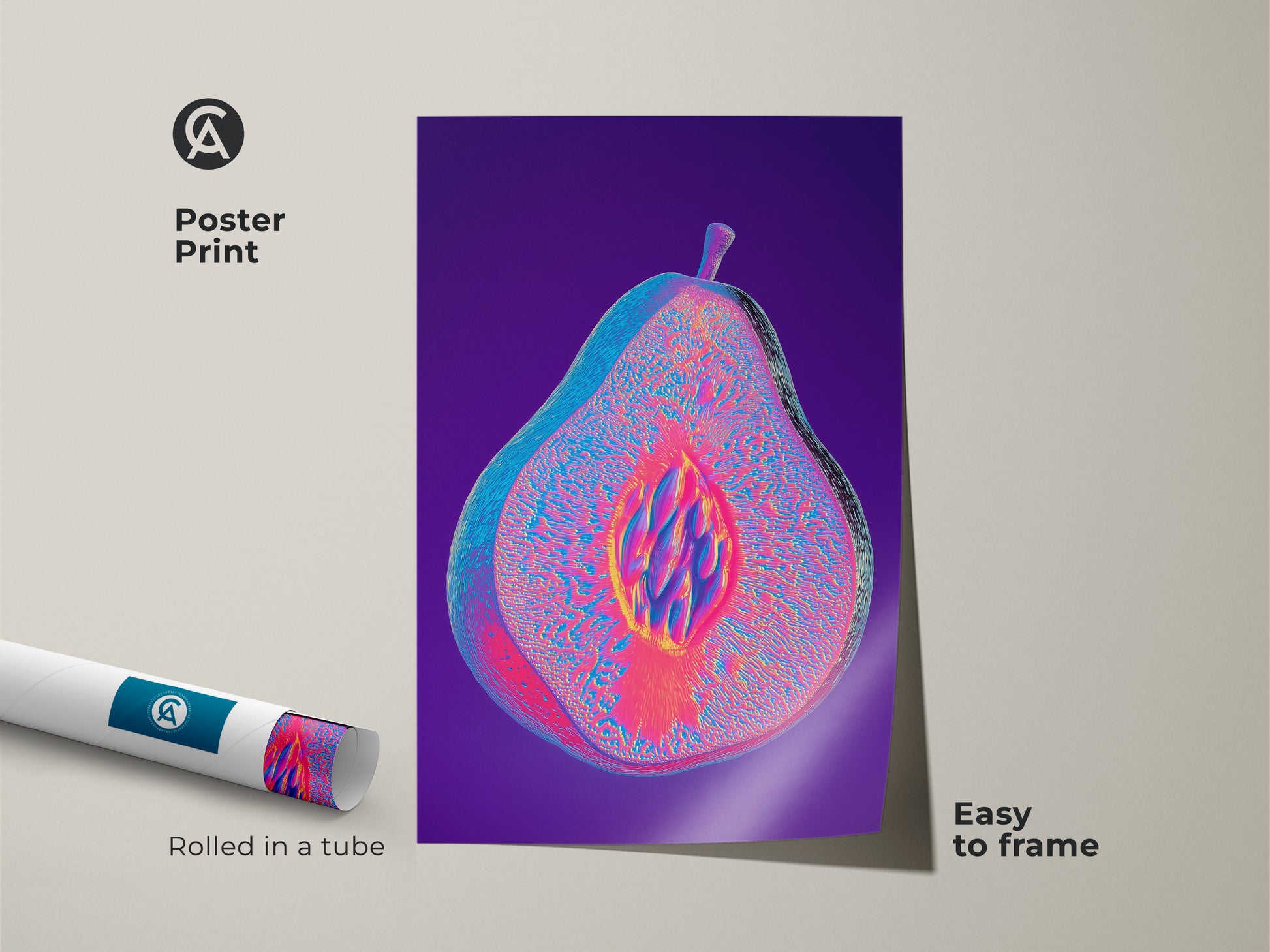Poster print displays abstract pear artwork rolled in a tube. The psychedelic fruit print features magenta purple and blue. This is an eclectic kitchen decor piece. Easy to frame this glitch art adds a modern touch to any room.