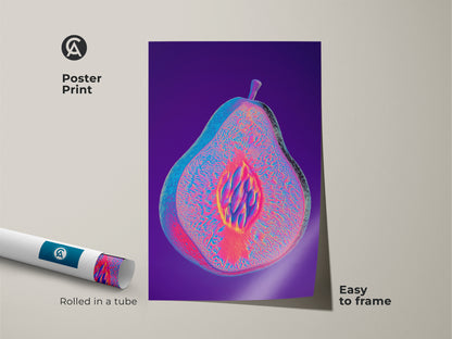 Poster print displays abstract pear artwork rolled in a tube. The psychedelic fruit print features magenta purple and blue. This is an eclectic kitchen decor piece. Easy to frame this glitch art adds a modern touch to any room.