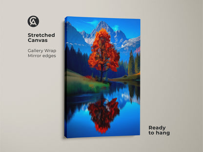 Stretched canvas art showcasing a fall mountain lake landscape print. The contemporary nature wall art features an impressionistic autumn scene. See the vibrant orange tree reflected in the blue lake. A ready-to-hang gallery wrap with mirror edges. Perfect for adding a touch of nature to any room. This vivid artwork captures the essence of autumn.