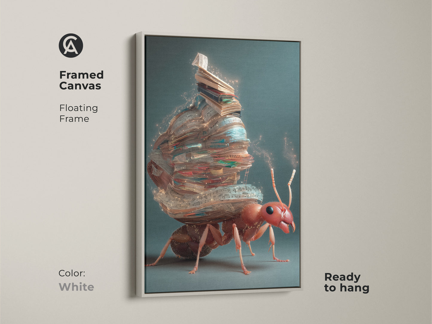 A white framed canvas features the fantasy ant artwork. The surrealist print shows an ant carrying books. This provides creative office wall art. This unique ant-themed wall decor with teal accents is ready to hang.