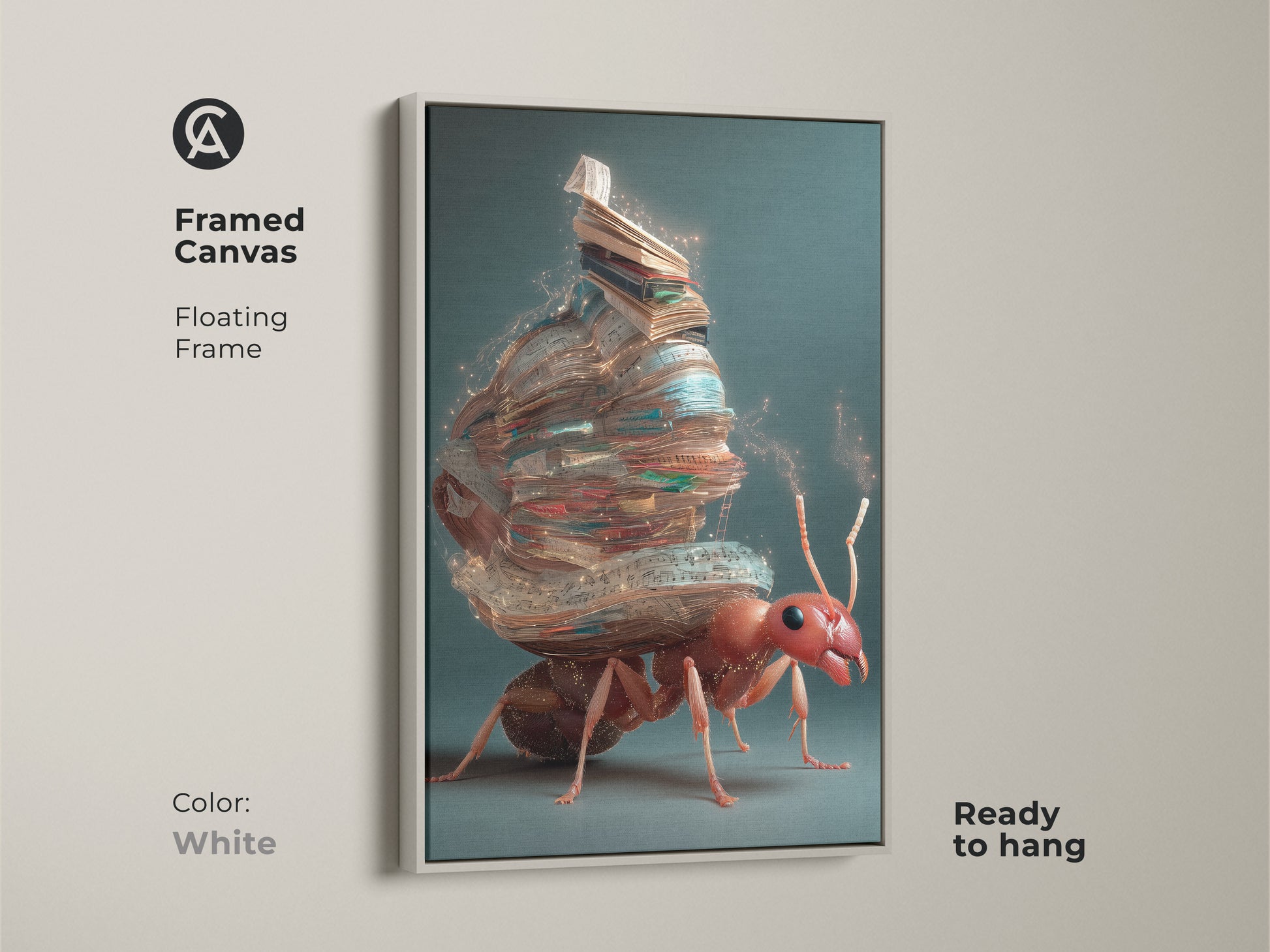 A white framed canvas features the fantasy ant artwork. The surrealist print shows an ant carrying books. This provides creative office wall art. This unique ant-themed wall decor with teal accents is ready to hang.