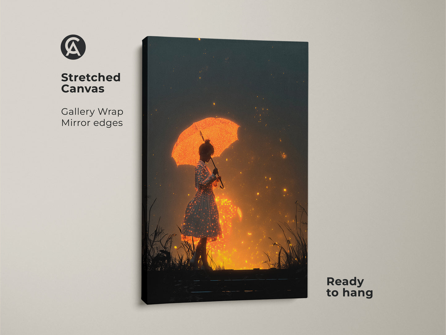 Stretched canvas featuring a fantasy girl with an umbrella. The digital art wall art has orange sparkling lights. It is a dreamer gift for bedroom decor. The surrealism figurative art print has whimsical glowing art decor. Ready to hang.