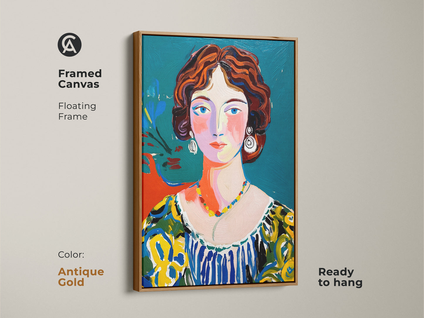 Framed canvas art featuring a woman's portrait. This floating frame artwork is in antique gold. The vibrant painting is ready to hang. It showcases a modern art style. The woman has red hair and a colorful dress. Perfect for classic decor.