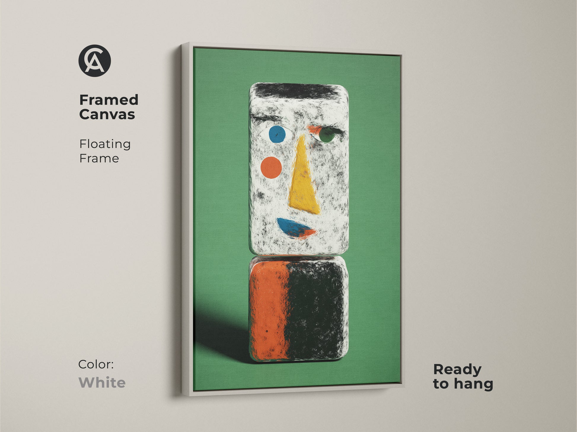Framed canvas showcasing abstract face wall art in a white floating frame. The contemporary green art is a geometric figurine on canvas. A perfect piece of modern entry hall decor. Ready to hang.