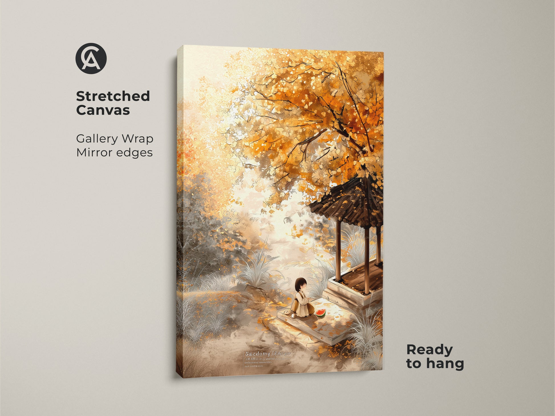 Stretched canvas print showcases an enchanting autumn scene. The gallery-wrapped canvas features mirror edges. It shows a girl eating watermelon by a pagoda. Ready to hang this beautiful artwork.