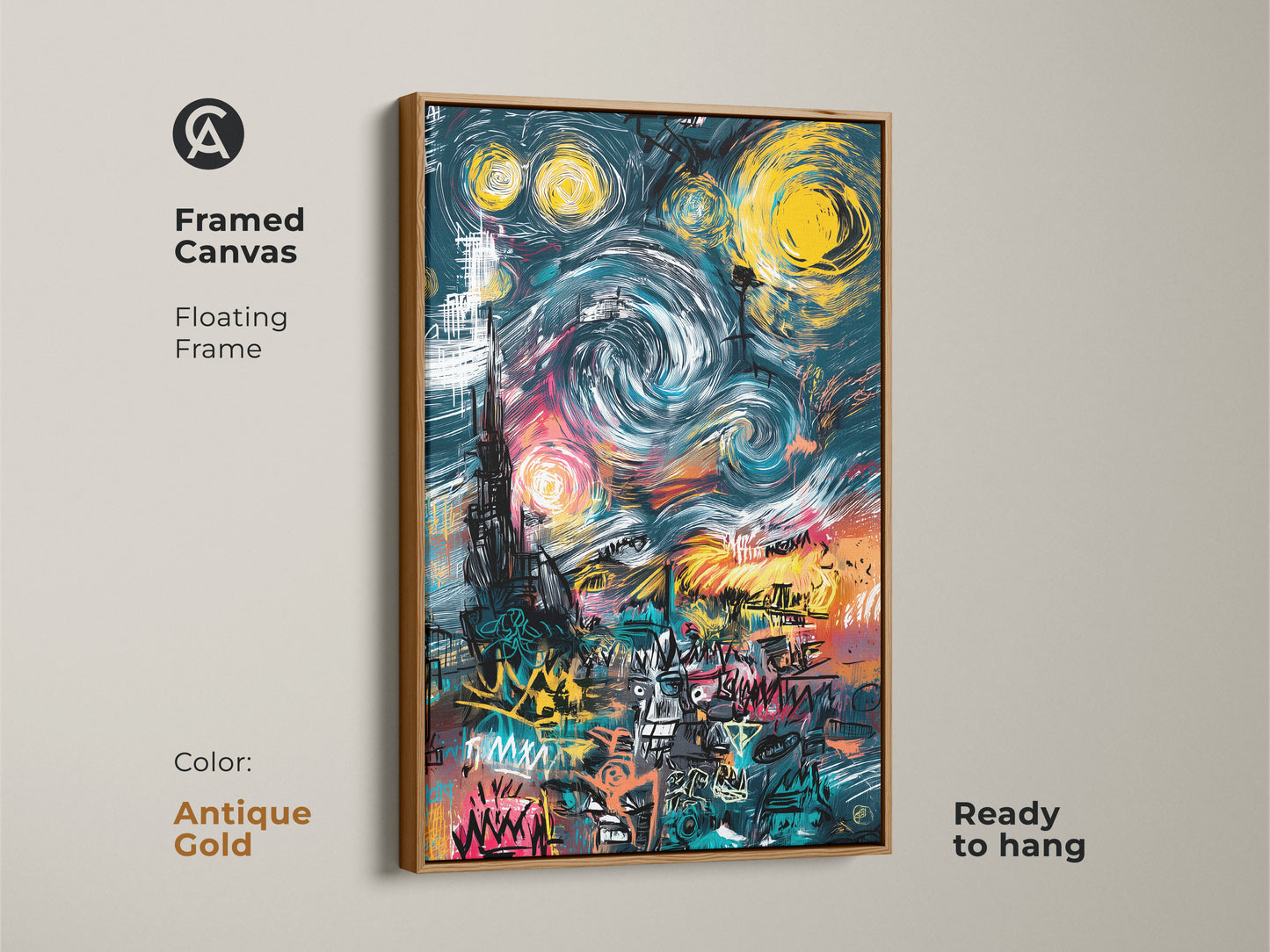 Antique Gold Framed Canvas Graffiti Style Starry Night Artwork. The floating frame gives a modern look and is ready to hang. This artwork is a unique addition to your wall decor. Its colorful and vibrant adding an artful touch.