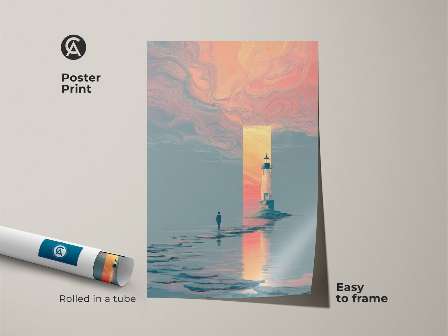 This shows a framed canvas with floating frame around the surreal seascape artwork. Soft pink orange and blue abstract colors create a dreamy ocean landscape. The man gazes at a glowing lighthouse. A unique contemporary artwork for any living space ready to hang.