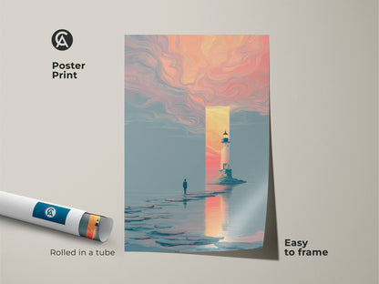 This shows a framed canvas with floating frame around the surreal seascape artwork. Soft pink orange and blue abstract colors create a dreamy ocean landscape. The man gazes at a glowing lighthouse. A unique contemporary artwork for any living space ready to hang.
