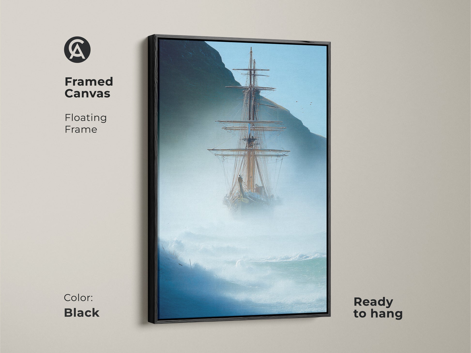 Bring maritime adventure to your home with this framed tall ship canvas art. The blue gray stormy ocean scene adds nautical style to any room. Ready to hang and perfect for coastal decor. A floating black frame enhances this compelling piece of sailing ship artwork.