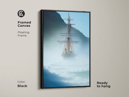 Bring maritime adventure to your home with this framed tall ship canvas art. The blue gray stormy ocean scene adds nautical style to any room. Ready to hang and perfect for coastal decor. A floating black frame enhances this compelling piece of sailing ship artwork.