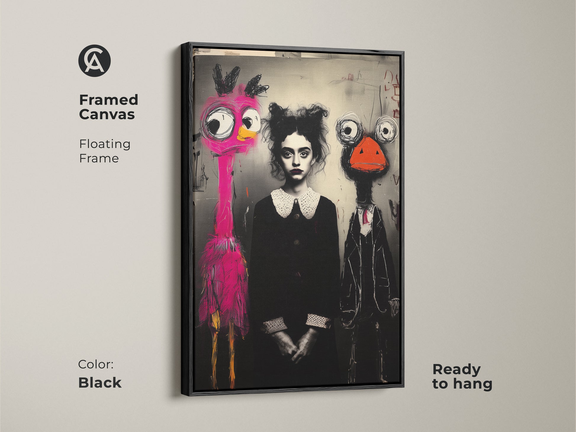 Framed canvas print of surreal wall art. The black floating frame features a pink flamingo and ostrich character. It is ready to hang. This is perfect for eclectic or modern decor. This whimsical artwork is a great gift for art lovers. The black white and pink colors add a unique touch.