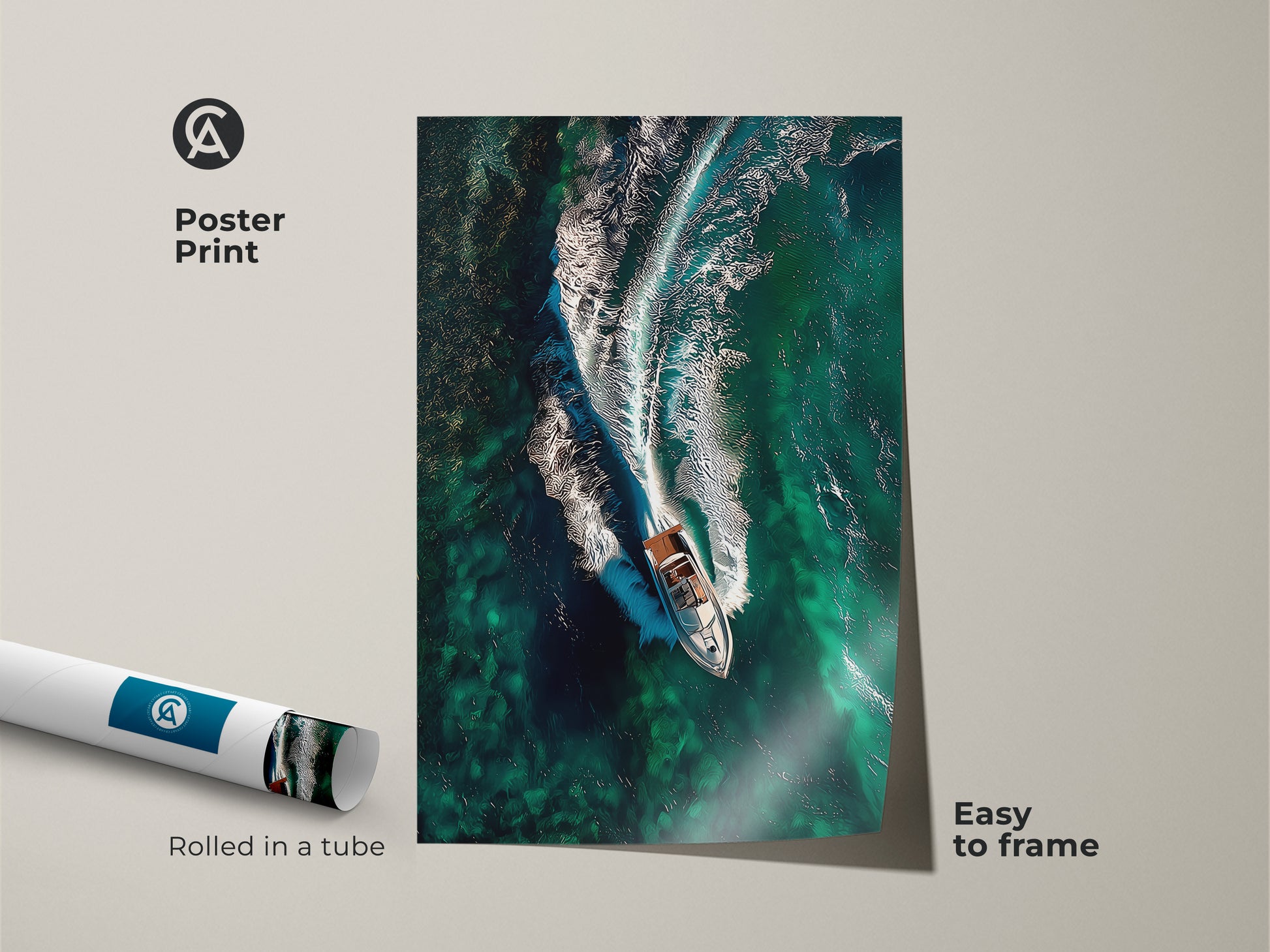 This poster print showcases a speedboat cutting through aqua blue ocean waves. Rolled in a tube it is easy to frame. The contemporary nautical artwork captures a dynamic marine scene. Perfect for travel inspired wall decor this piece adds a sophisticated touch. This artwork is an excellent boat lover gift idea.