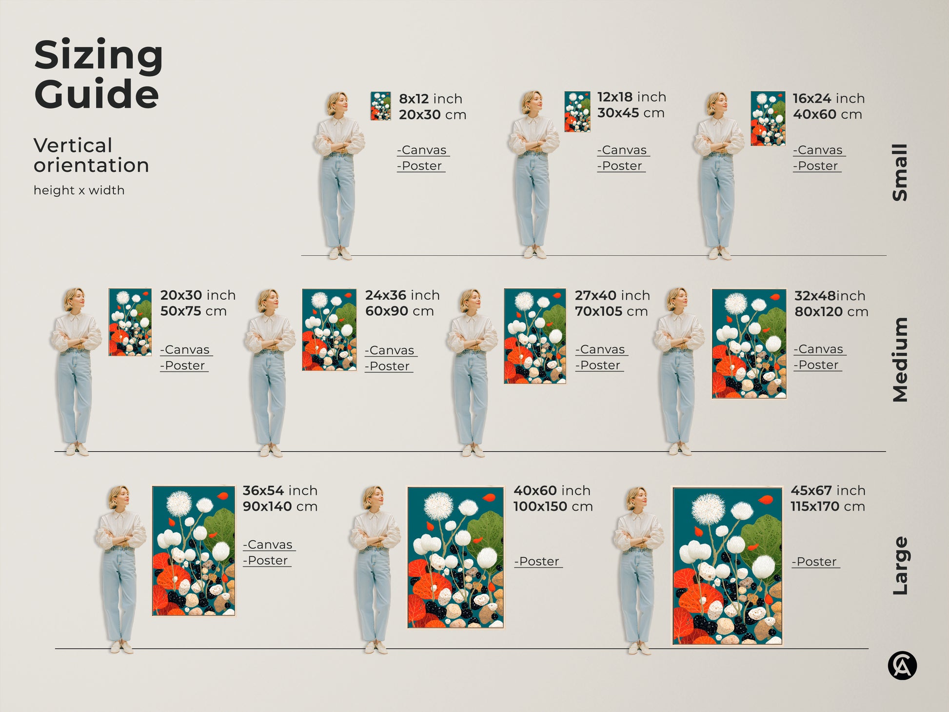 Sizing guide for abstract botanical artwork. See how each canvas and poster size looks in a home. Find the perfect fit of modern dandelion and pebble art in teal and orange for your space.