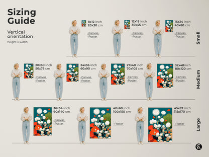 Sizing guide for abstract botanical artwork. See how each canvas and poster size looks in a home. Find the perfect fit of modern dandelion and pebble art in teal and orange for your space.